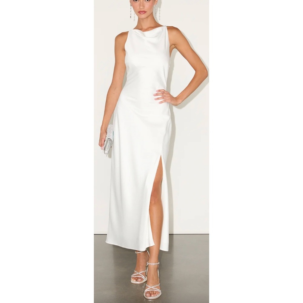 Lulus Elynne White Satin Cowl Neck Midi Dress Bridal Sz L